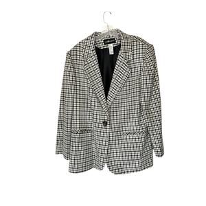 Vintage Gray White Houndstooth Academia Wool Blend Oversized Blazer Size 16